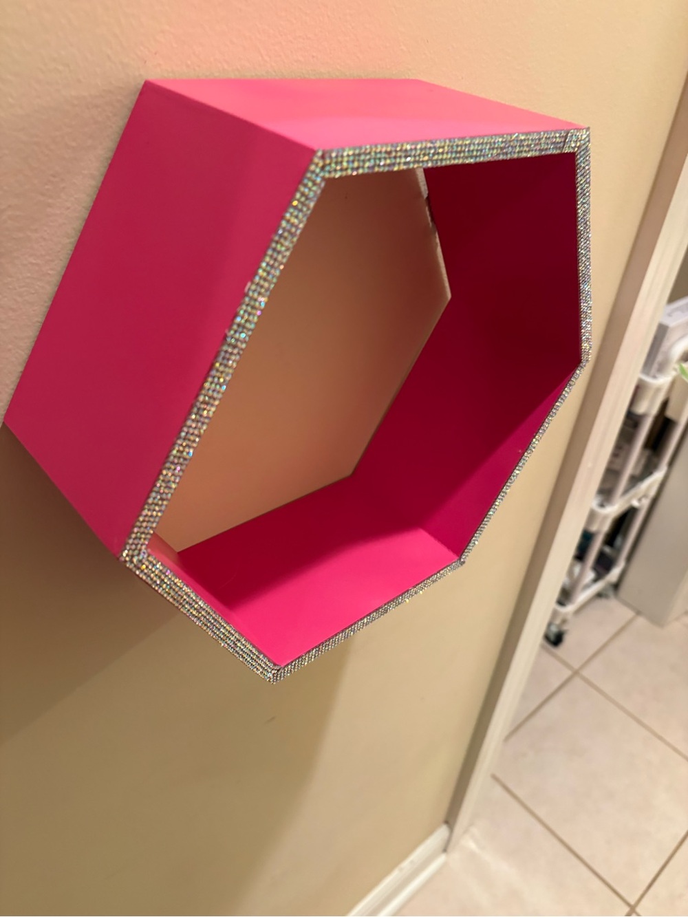 Hot Pink Barbie Themed hexagon wall shelf! Rhinestone accented trim! free Gift!
